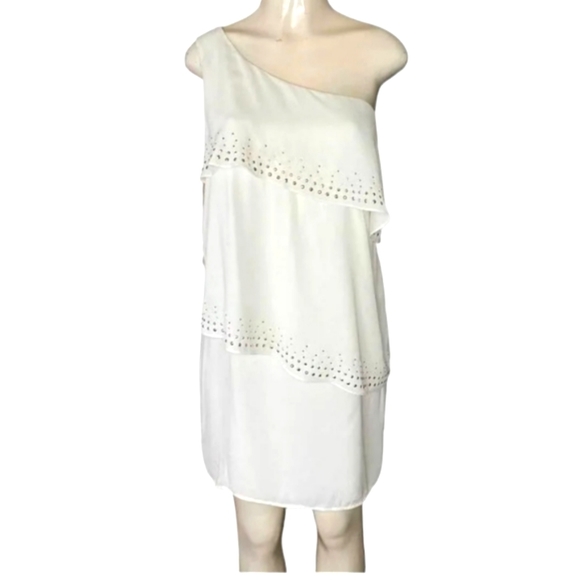 Express Beige with gold stud One shoulder Dress. - Picture 1 of 5